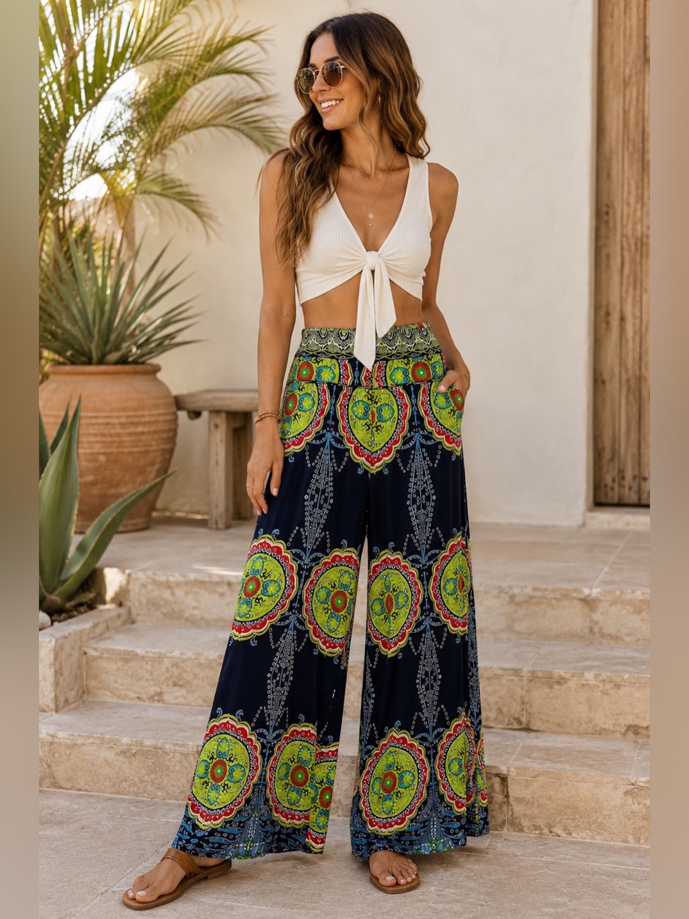 Source Unknown Navy Wide-Leg Pants with Green & Red Medallion Print